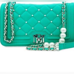 Badgley Mischka Quilted Vegan Leather Handbag Blue Green Pearl‎ Chain Accent NWT